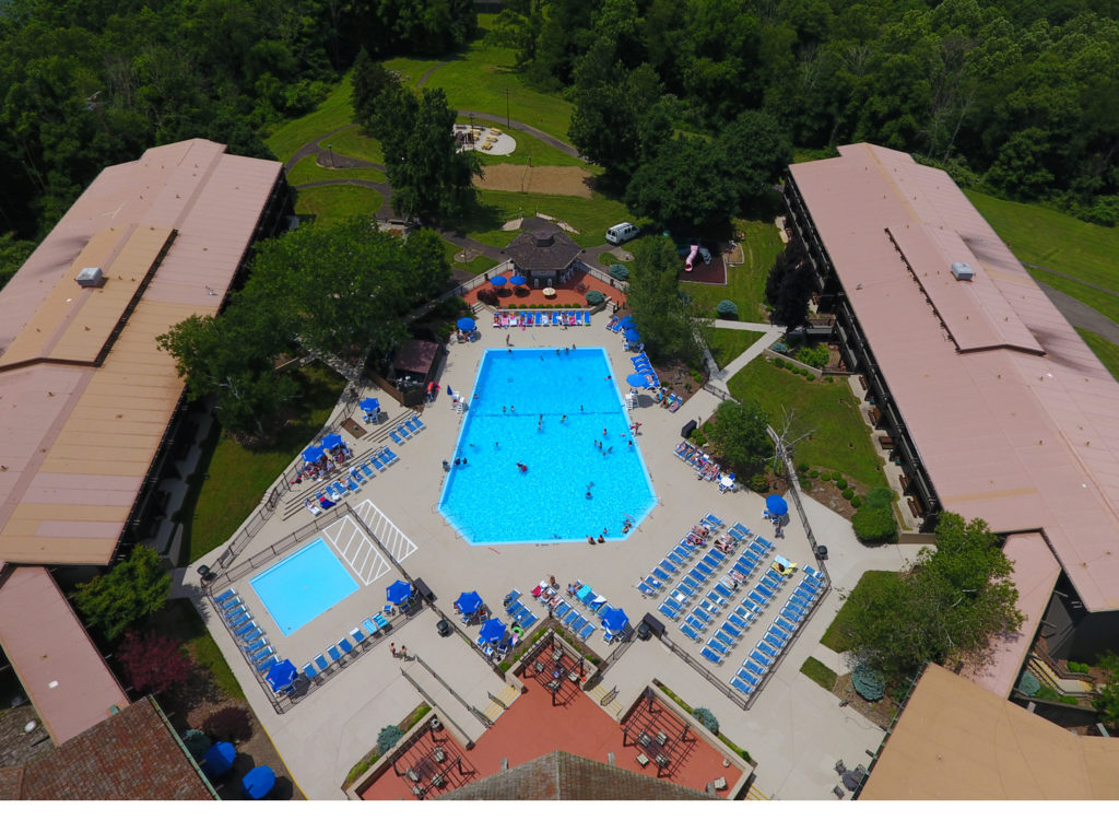 Aerial of Salt Fork Park lodge and pool